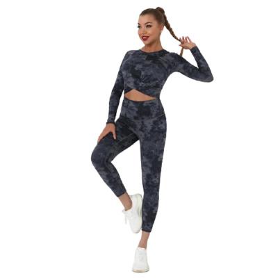 China New Breathable Tie Dye Yoga Set Naked Sanding Sports Long Sleeve Women Fitness Sets In Stock for sale