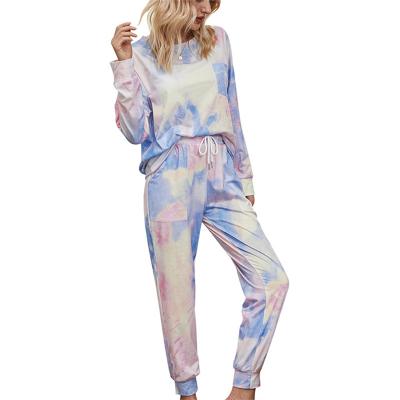 China QUICK DRY women's fall clothing 2021 new family pajamas tie dye long sleeve pants home service 2 piece jogger set high quality for sale