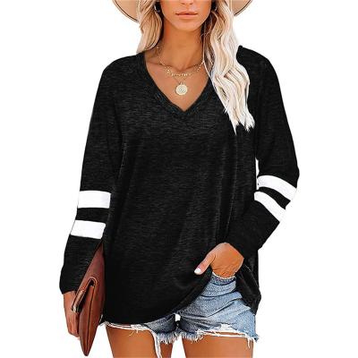 China Wholesale Korean Top Striped Quilting T-shirt Autumn 2021 Women Clothes V-Neck Solid Color QUICK DRY Long Sleeve T-shirt for sale