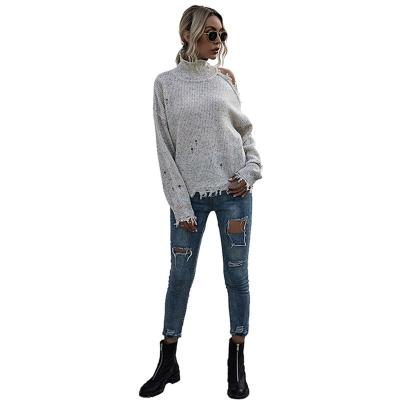 China QUICK DRY loose casual blouse off-shoulder ripped high-neck sweater women's clothing 2021 hot sale long sleeve for sale