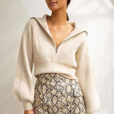 China Autumn New Women Sweatshirt Knitwear Crop Top Anti-wrinkle Navy Collar Zipper Lantern Sleeve Sweater for sale