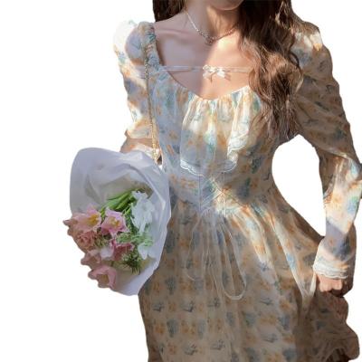 China 2022 breathable new retro floral dress long-sleeved casual style women's summer mid-length spring and autumn dress for sale