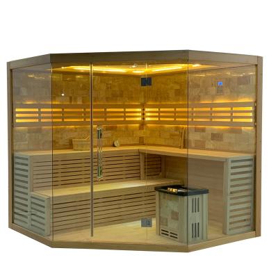 China Computer Control Panel 6 Person Corner Hemlock Steam Luxury Hot Sauna With Roman Stone Wet Sauna Can Be Customized for sale