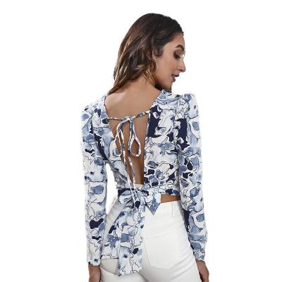 China Ladies Breathable 100% Polyester Backless Jacket With Bubble Sleeve Tie Dye Printed Cropped Style for sale