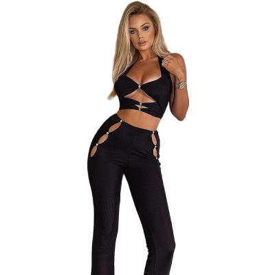 China Fashion Slim Sleeveless Woman 95% Polyester 5% Spandex Summer Solid Color Halter Panty Set Two Piece Set for sale