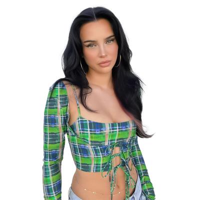 China Casual Women's Spandex 17% Polyester 83% Plaid Print Long Sleeve T-Shirt Slim Fit Square Wrap Chest Two Piece Neck Top for sale