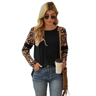 China New 100% Cotton Breathable Spring Ladies Leopard Print Patchwork Crew Neck Long Sleeve T-Shirt Tops for sale