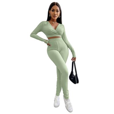 China Solid Color Breathable Set V Neck Long Sleeve Female Yoga Wear Sports Suits Jogging Sport Swear Leggings Women Running Set for sale