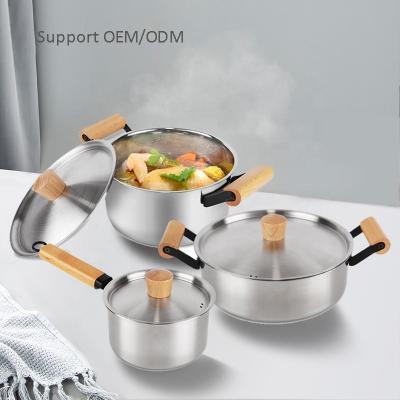 China Factory Direct 3 Pieces Cooking Pot Set Kitchen Wares Set Pots And Pans Cookware Sets Cooking With Wooden Handle for sale