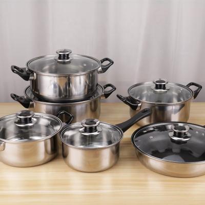 China Family Kitchen Cooking Pot Cookware Set 12pcs Stainless Steel 410 Cookware Set with Black Handle for sale