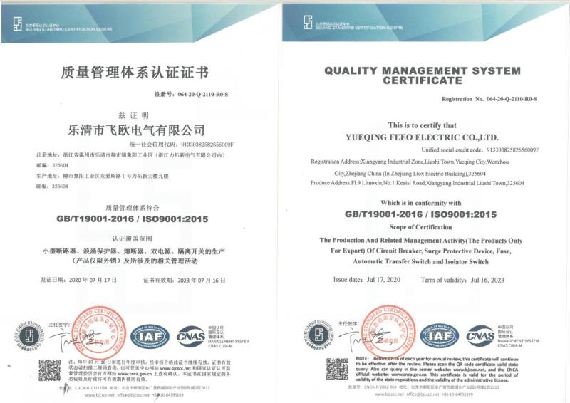 ISO9001 - Yueqing Feeo Electric Co., Ltd.