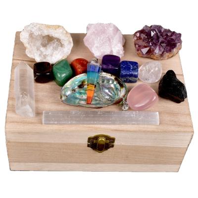 China Europe Custom Made Natural Crystal Stones For Healing Wooden Box Set Charm 7 Chakra Gemstone Stones Kit for sale