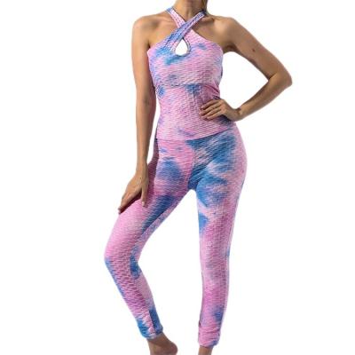 China Breathable Fitness Set Pink GYM Tight Pants Custom Logo Ladies Backless Hip Lift Dye Tie Women's One-Piece Yoga Seamless Overalls For 1 Day for sale