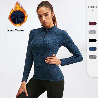 China Breathable Winter Keep Warm Ladies High Elastic Long Sleeve Sports Shirt Plus Velvet Women's Gym Fitness Top for sale