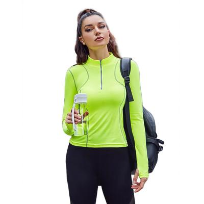 China Logo Quick Dry Ladies Gym Fitness Wear Half Zip Workout Yoga Fluorescent Green Breathable Top Custom Women's Tight Long Sleeves for sale