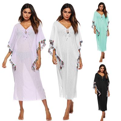 China bd0122 Washable Deep Sleeve Butterfly Lace Color Fringe Women's Loose V Beach Dress for sale