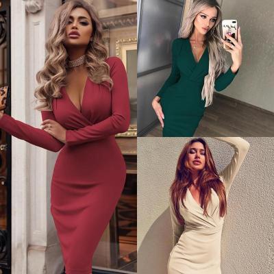 China Viable Women Dress Lady Dress Sexy Deep V-Neck Bodycon Pencil Elegant Dress Office Long Sleeve Autumn Winter Casual Solid Color for sale