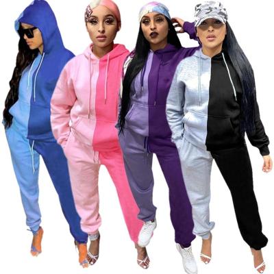 China Anti-pilling Winter Women Clothes Color Casual Patchwork Contrast Sweatshirt Sweat Suit Hoodie Pants Two Piece Set for sale