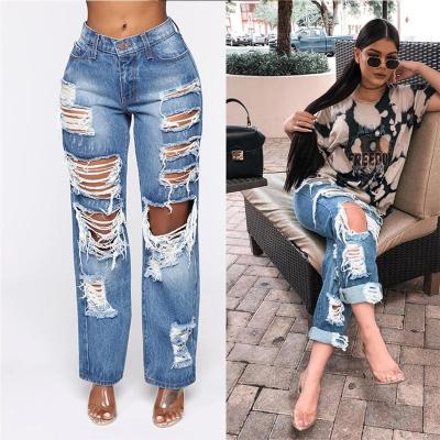 China Breathable Blue Jeans Ripped Holes Washed Straight Wide-Leg Jeans Women Pants for sale