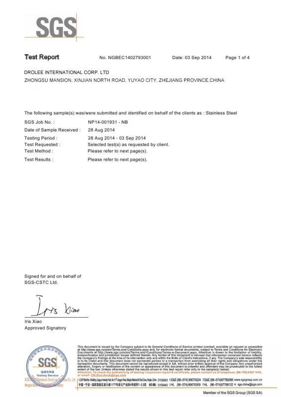 SGS Report - SUS410 - Drolee International Corp. Ltd