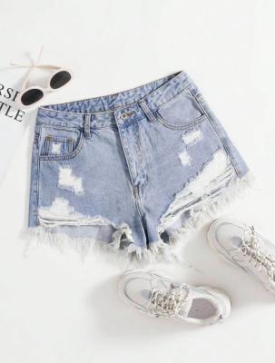 China Blue-white ripped denim shorts for sale