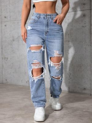 China Lichte, middenblauwe, gescheurde jeansbroek Te koop