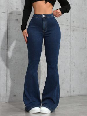 China Donkerblauwe stretch flared jeans Te koop