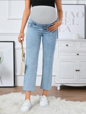 China Light blue stretch high-waisted maternity jeans for sale