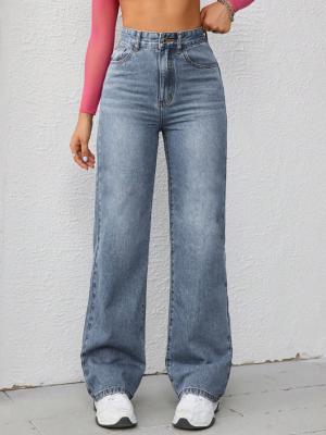 China Nostalgia medium blue high-waisted straight-leg jeans for women for sale