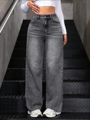 China Silbergraue Jeans mit hoher Taille, gerade Beine, für Frauen zu verkaufen