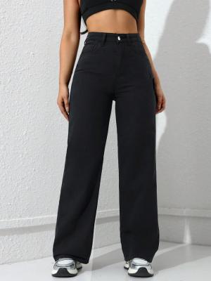 China Dunkel-schwarze Jeans mit hoher Taille, gerade Beine, für Frauen zu verkaufen