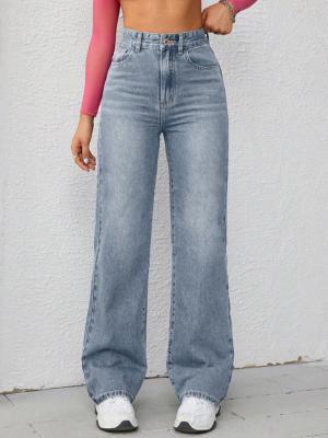 China Retro lichtblauwe high-waisted straight-leg jeans voor vrouwen Te koop