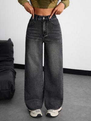 China Inktgrijze high-waisted straight-leg jeans voor vrouwen Te koop