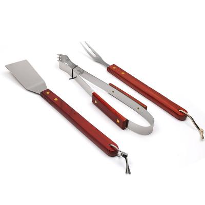 China Easily Assembled Factory Custom Kitchenware Grilling Accessories Stainless Steel Wooden Handle Utensils set 3pcs BBQ Grill Barbecue Tools Set for sale