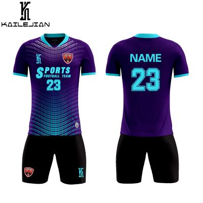 China Quick Dry Kailejian 2021 High Quality Custom Cheap Design Men's Wear Sublimated Fabric Jersey Football Soccer Uniform Set for sale