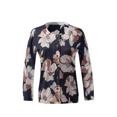 China AOP Round Neck Button Floral Print Cardigan All Over Print Spring Summer Flower Sweater Long Sleeve Sheer Shirt For Women for sale