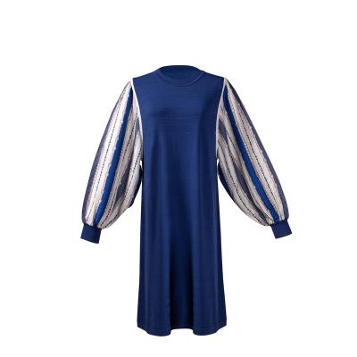 China Comfortable High Quality Loose Knit Dress Blue Color Woven Puff Sleeve Chic Patchwork Plain Knit Dress for sale