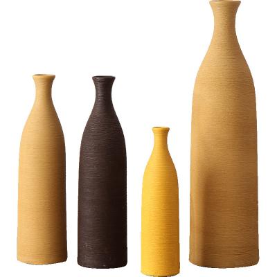 China Nordic Style Matte Threaded Yellow Ceramic Fine Handmade Long Strangled Vase Living Room Decoration for sale