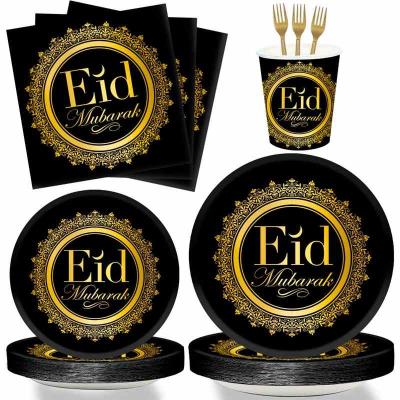 China Paper Soup Plates Huiran EID MUBARAK Disposable Eid Tableware Paper Eid Plates Muslim Islamic Decor Hari Raya Eid Plate Dinnerware Party Cups Supplies for sale