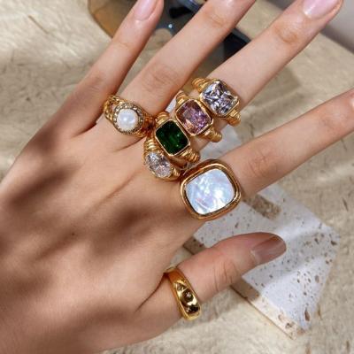 China TRENDY 18K Gold Plated 316L Stainless Steel Finger Chunky Rings Wedding Statement Shell Freshwater Pearl Ring for sale