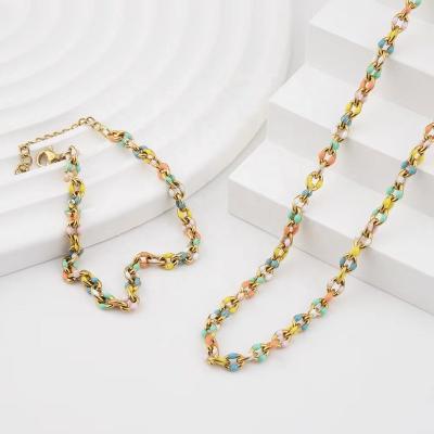 China TRENDY hot sale 6mm stainless steel oil drip enamel color cross chain hip hop necklace bracelet set non to tarnish jewelry set for girls for sale