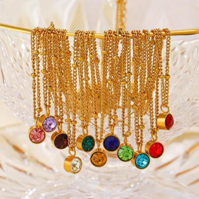 China Europe and America Hot Sale Anniversary Stone Necklace 18K Gold Plated Stainless Steel Geometric Colorful Crystal Diamond Pendant Necklace For Women for sale