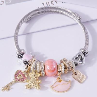 China FASHIONABLE High Quality Silver Plated Stainless Steel Key Red Lip Charm Bracelet Adjustable Big Hole Beads Back Charm Bracelet For Women for sale