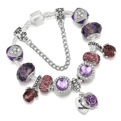 China Dropshipping CLASSIC Fashion Purple Charm Bracelet with Crystal Beads and Heart Flower Purple Dangle Bracelet Jewelry for Women's Gifts for sale