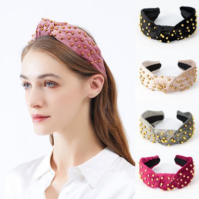 China American And American Friendly Material European Fashion Nailed Headband Women's Wide Side Knotted Cloth Solid Color Pearl Headband for sale