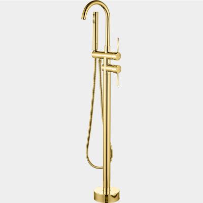 China Tubless Freestanding Tub Faucet Floor Mount Slide Bar Filler Polished Gold High Flow Shower Faucets With Hand Held Shower Mixer Taps for sale