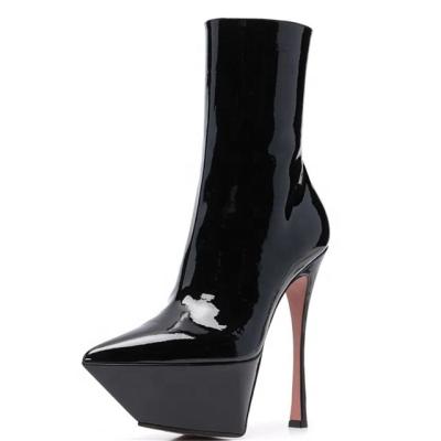 China Hot Selling Fashion Trend Patent Leather 14cm Stiletto Heels For Women Winter 2022 New Sexy Black Shiny Leather Pointed Toe And Velvet Boots for sale