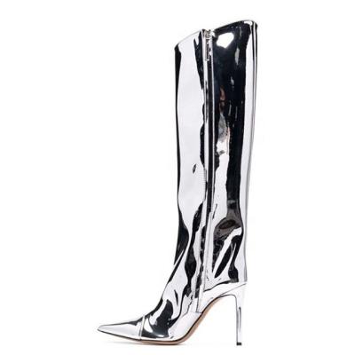 China Fashion Trend Newcomer Pointed Toe Knee Boots Zip Glitter Solid Stiletto Heels High Boots Women Knee High Boots PU Patent Leather for sale