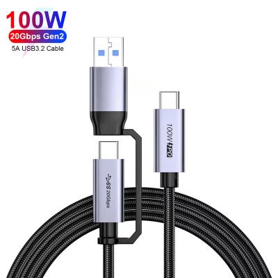 China USB3.2 USB 3.2 Gen 2 Type 20Gbps C To USB USB C2 In 1 Cable Power Supply Charger PD 100W 5A Fast Data Cable For Macbook Laptop for sale