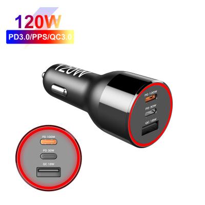 China Mobile Phone 120W 3 Ports 100W 30W 18W 12-24V Fast Cigarette Lighter USB Car Adapter For MacBook Pro Laptop for sale